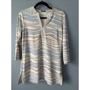 J McLaughlin Striped Tunic Top 3/4 Sleeve V Neck Side Slits Women's Small